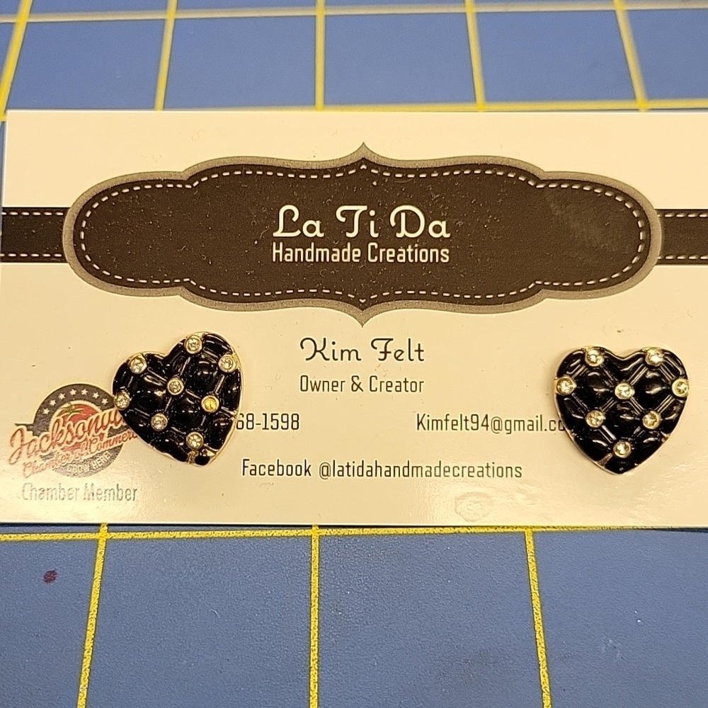 Gold Tone Black Rhinestone Heart 0.75" Earrings